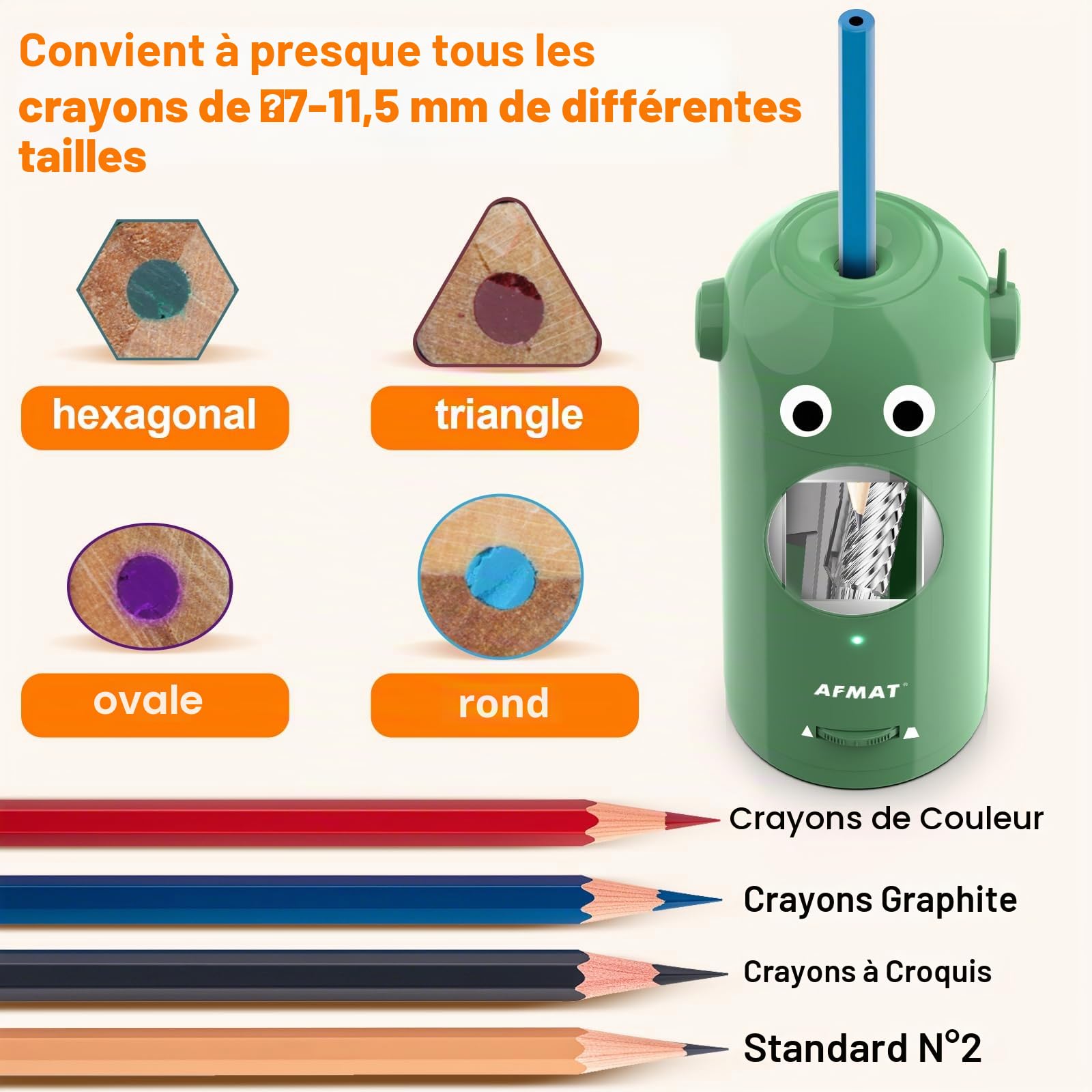 Taille-crayon électrique pour crayons de couleur de 7 à 11,5 mm - Entièrement automatique, rechargeable, mains libres - Fonctionne avec piles - Vert