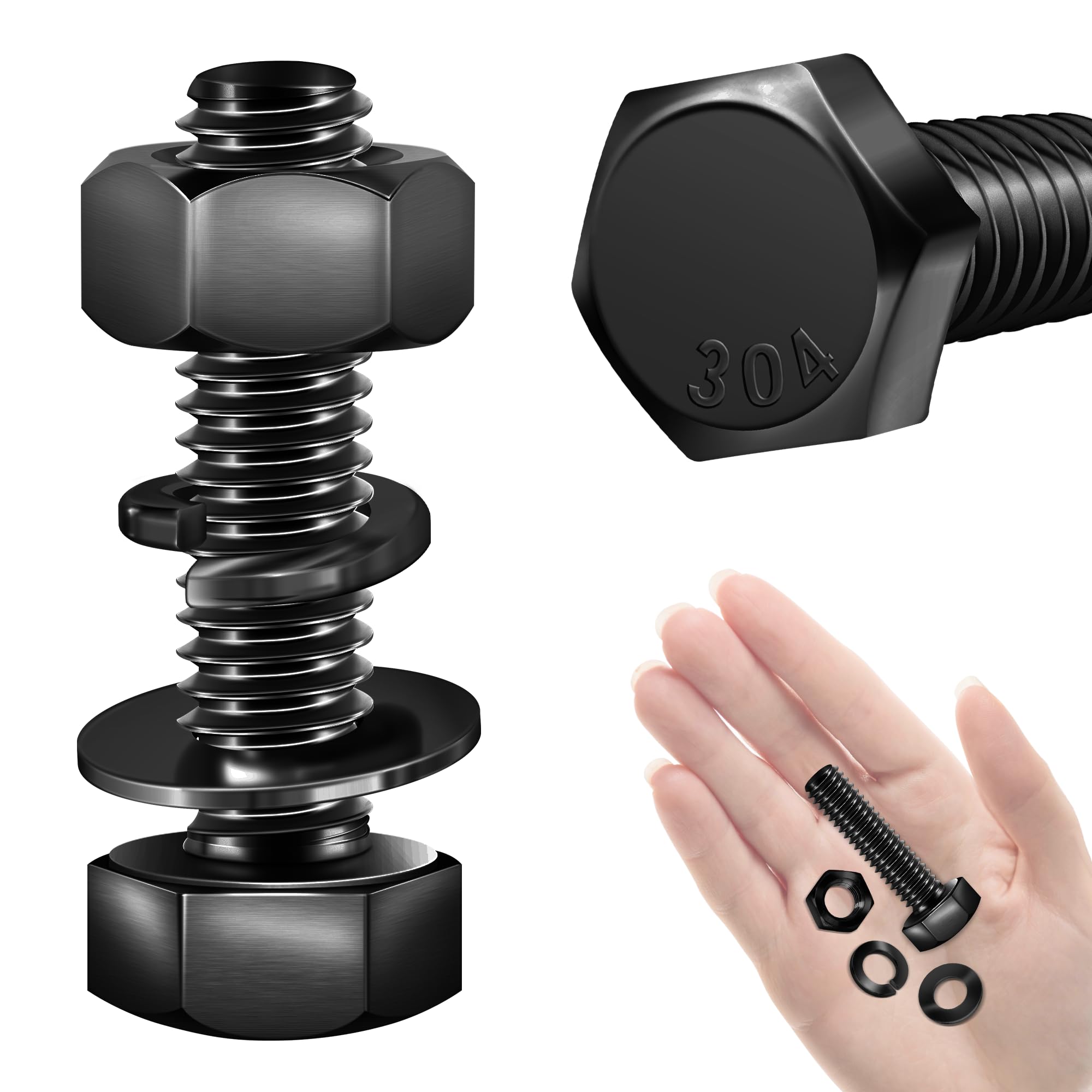 Mywish (10 Sets) 5/16-18 x 1-1/4" Hex Head Bolts and Nuts with Flat & Lock Washers, 304 Stainless Steel 18-8, Fully Threaded, Black Oxide Bolt Kit, 5/