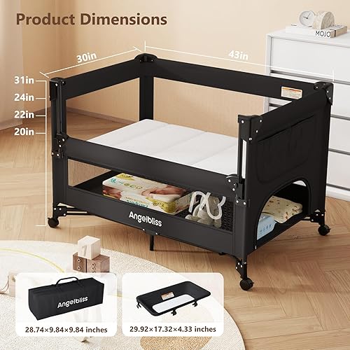 Miniatura 2 de Cuna para bebé ANGELBLISS, moisés junto a la cama, Pack and Play con colchón, cambiador de pañales, configuración de un solo botón, corralitos desde