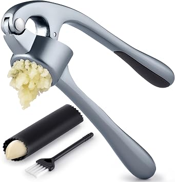 Zulay Kitchen Premium Garlic Press Set - Rust Proof Professional Garlic Mincer Tool - Easy-Squeeze, Easy-Clean with Soft, Ergonomic Handle - Silicone Garlic Peeler & Brush Slate