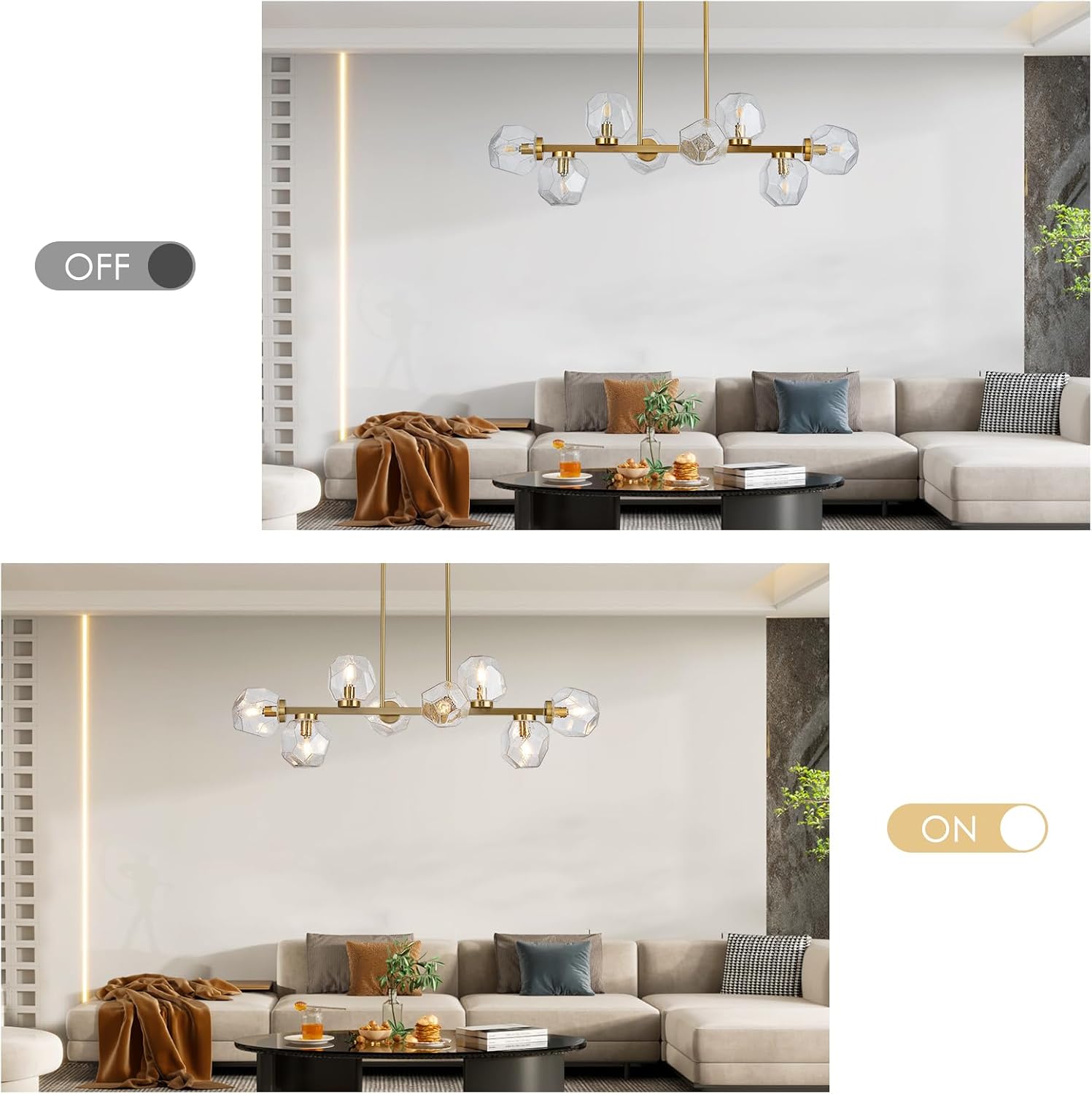 Jonsi Modern Linear Chandeliers 8 Light Clear Glass Dining Room Light Fixture 39" Gold Mid Century Chandelier Pendant Light for Living Room Kitchen Island