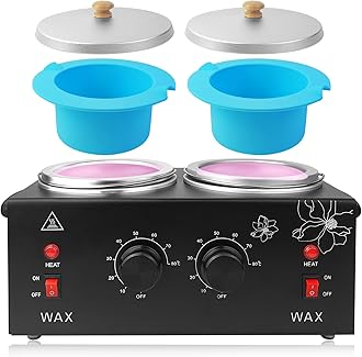 Portable Wax Warmer Machine for Painless Hair Removal, Women Men Professional Wax Heater with Adjustable Temperature Set, 40pcs Sticks, 2 Silicone Bowls (Black - Double Pots)