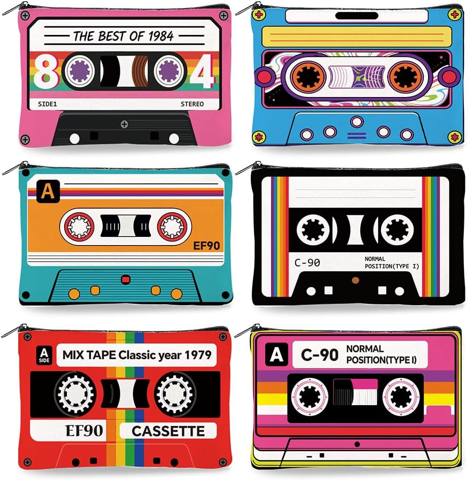 6Pcs Retro Cassette Tape Printed Canvas Makeup Bags, 9.06x5.9inch Vintage Music Cosmetic Bags with Zipper for Women, Color Toiletry Storage for Travel Organizer Coin Purse