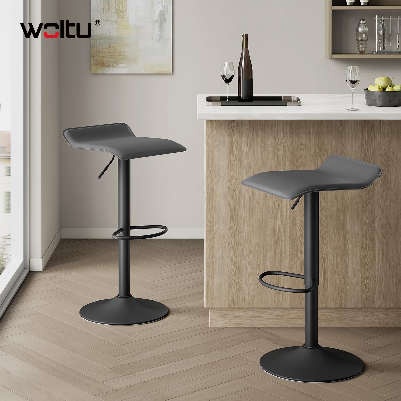 WOLTU Sgabello Cucina, Regolabile in Altezza, PVC, Grigio | Sgabello da Bar Colazione, con Poggiapiedi, Regolabile in Altezza, Sgabelli Girevole, per Cucina Caffè Banco, in Metallo