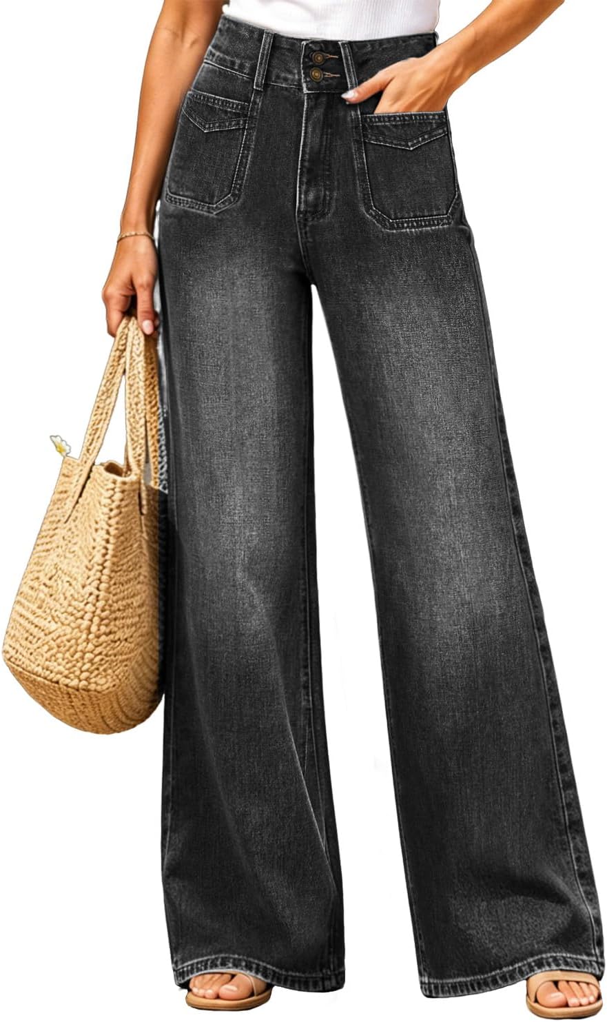 Women’s High Waisted Baggy Jeans – Stretchy Wide Leg Tummy Control Straight Leg Denim Pants Trendy Jeans for Women