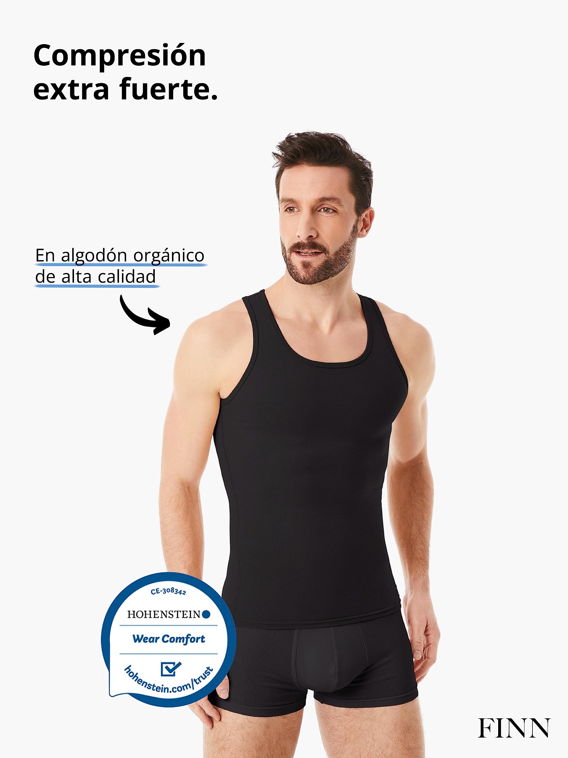 FINN Camiseta Reductora para Hombre con Efecto Vientre Plano - Camiseta Interior de compresión sin Mangas de algodón - Body Shaper para un Vientre más Plano - Ideal para ginecomastia