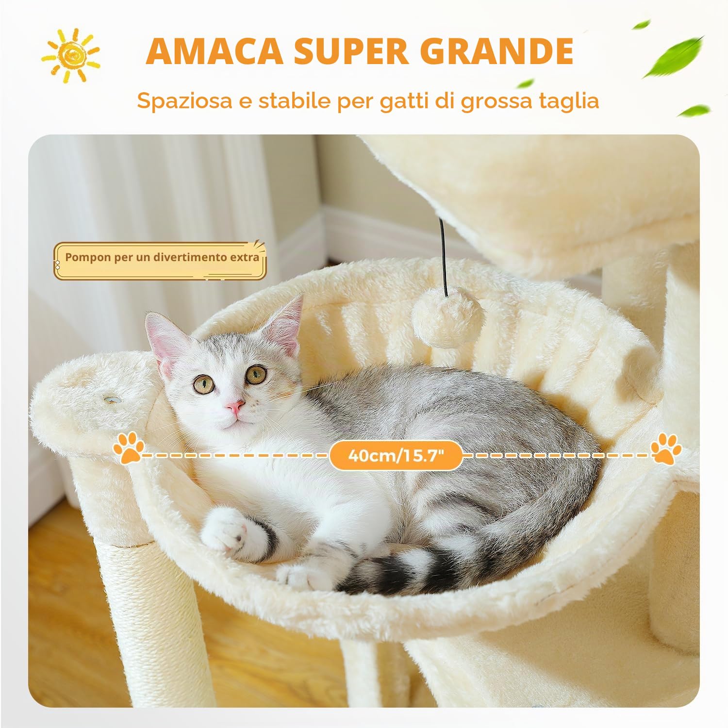 PETEPELA Tiragraffi da 104 cm, con 2 spaziose grotte per gatti di casa, casa per gatti con comoda amaca, asta imbottita, cuscinetto antigraffio e palla da gioco rimovibile, beige