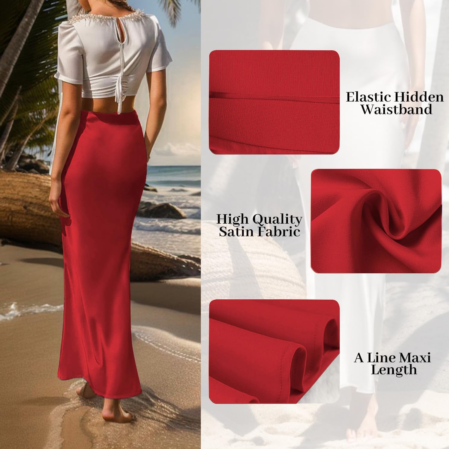 Amy Babe Satin Maxi Skirt Elastic High Waisted Silk A-Line Casual Elegant Flowy Long Skirts for Women