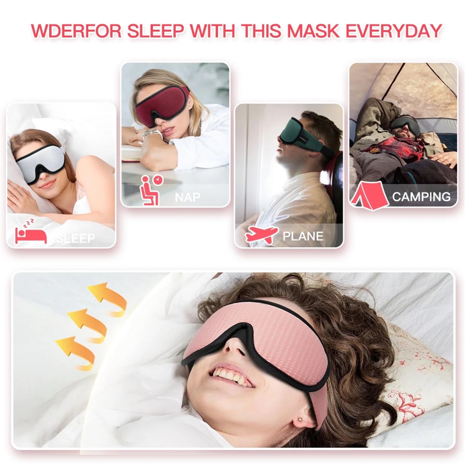 Masque De Nuit Soie Masque de sommeil 3D bloquant la lumière, masque for les yeux en mousse à mémoire forme, aide au voyage rembourré doux pour dormir la nuit(2PC-Black)