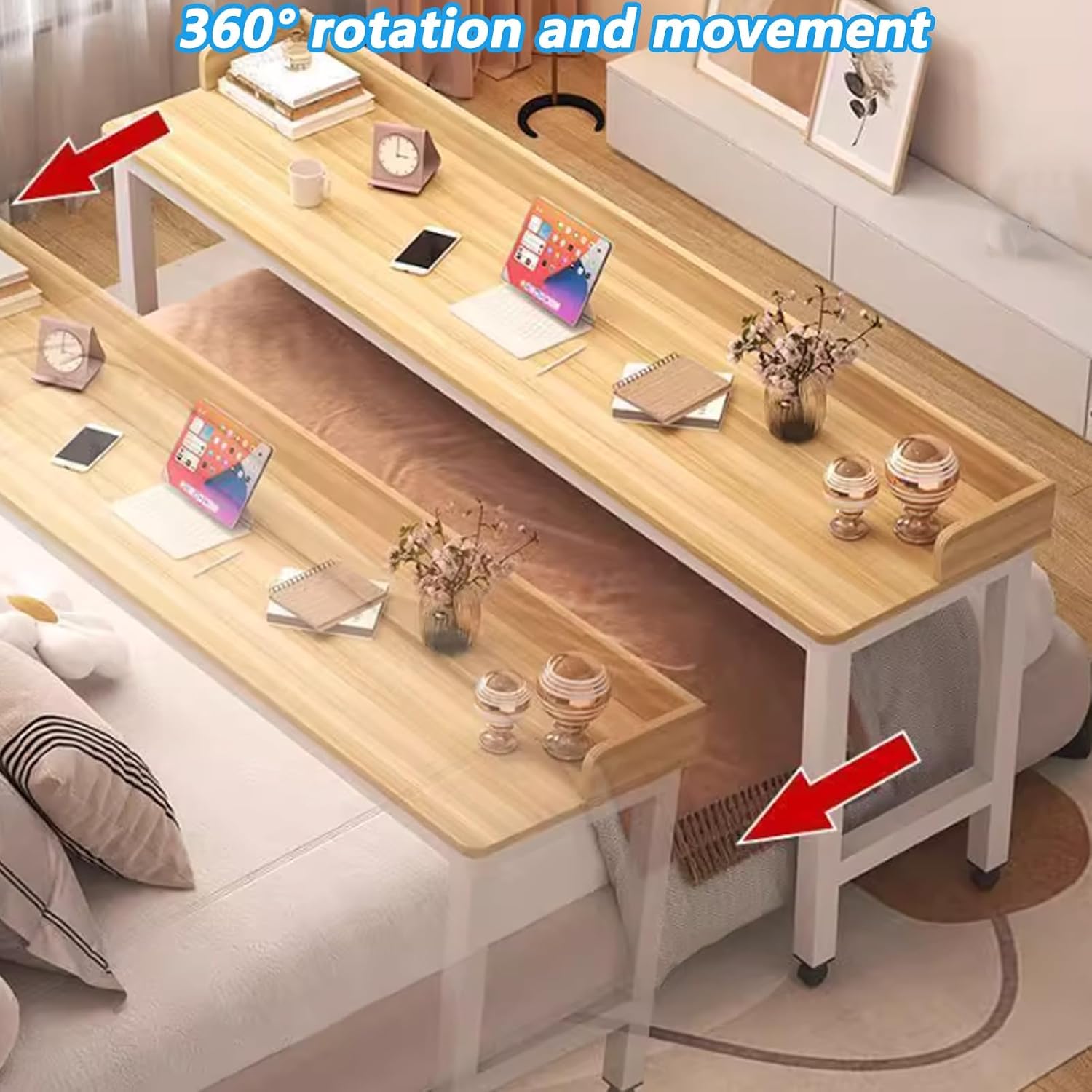 Over Bed Table with Wheels Adjustable Height, Rolling Generic Overbed Table with Baffle, Works As Bar Table, Dining Tables Or Laptop Bed Tables(Gray+White,180cm/70.8in)
