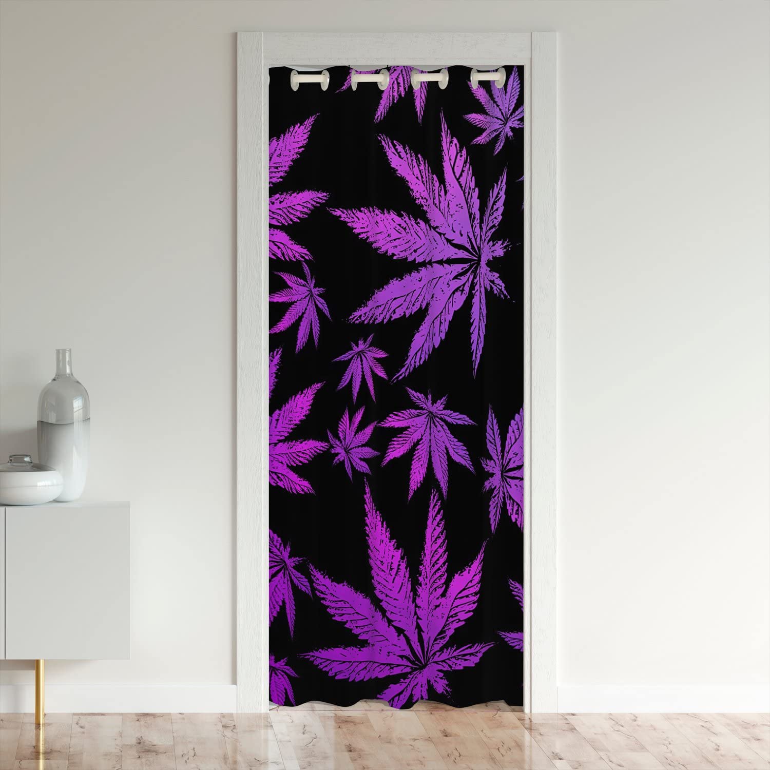 Loussiesd Marijuana Privacy Heat Blocking Blackout Thermal Insulated Door Curtain Cannabis Leaves Door Curtain Purple Room Darkening Thermal Insulated Curtain Drape for Doors Windows 86x203cm 1 Panel โ image 1