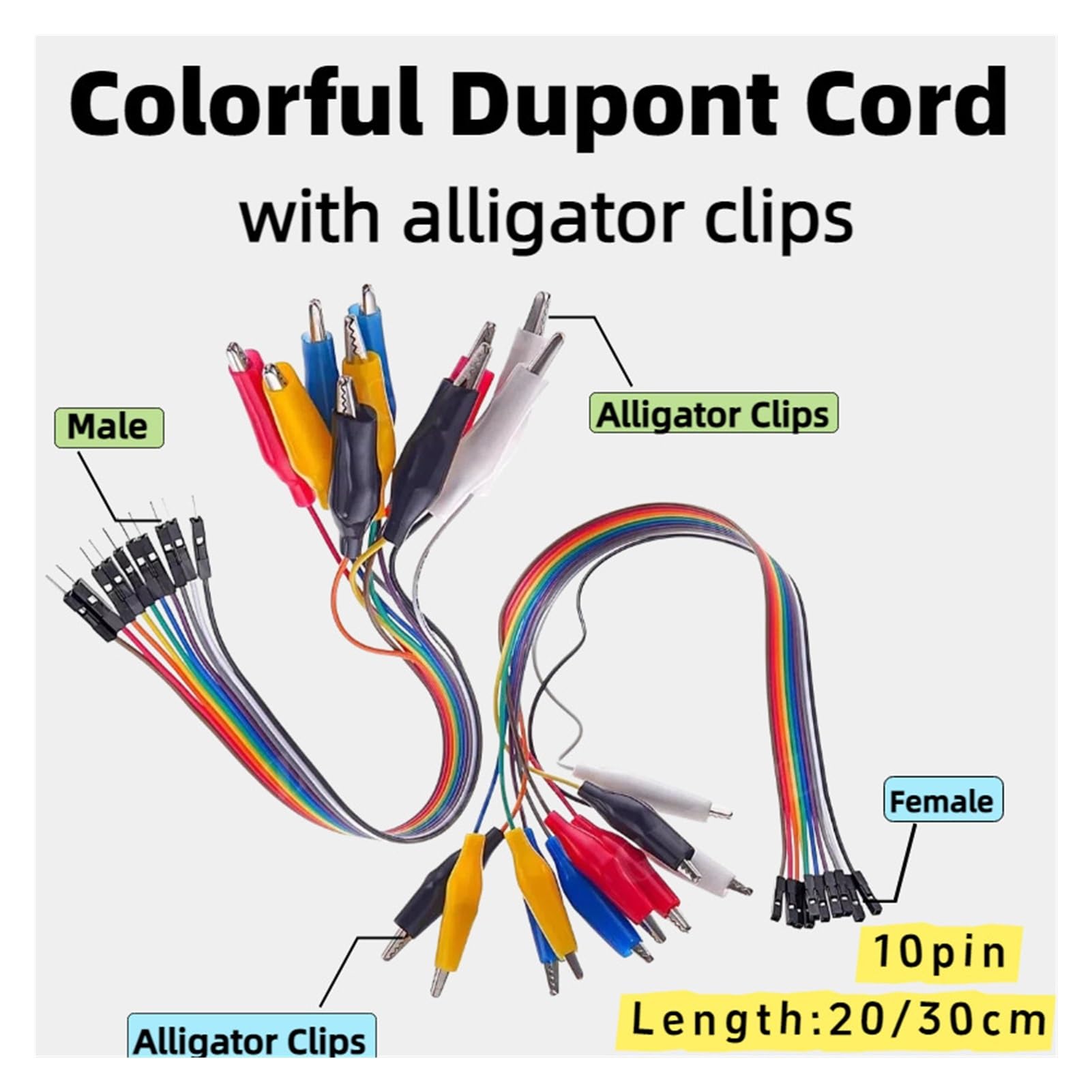 Farbiger Dupont-Draht mit Krokodilklemmen, männlich/weiblich | Testen Sie Kabel mit Dupont-Steckern und Krokodilklemmen. Zur einfachen Identifizierung farbig.(20CM-Male,5 PCS)