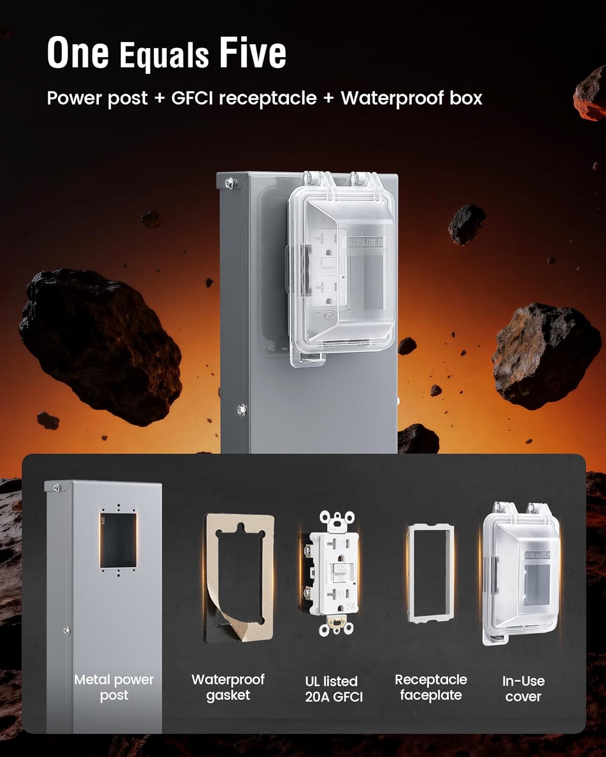 SURAIELEC Metal Outdoor Power Post, 1-Gang Electrical Power Pedestal with GFCI Box Kit, UL Listed 20 Amp GFCI Outlet, 26-Inch NEMA 3R Weatherproof Electrical Post for Garden, Pool & Outdoor Lighting