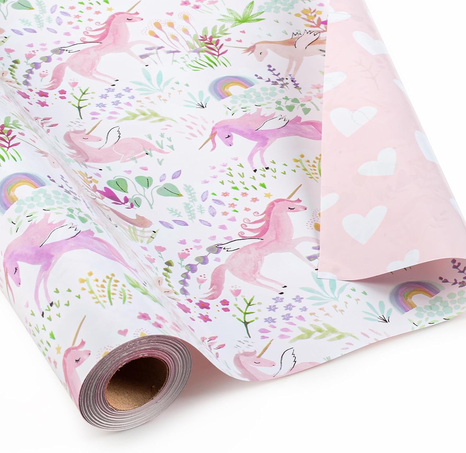 Garbendy Pink Unicorn Wrapping Paper- Mini Roll - 17 InchX 32.8 Feet - Colorful Plants Florals, Pink Heart Reversible Girls Gift Paper for Birthday, Baby Shower, Party, Holiday, Party