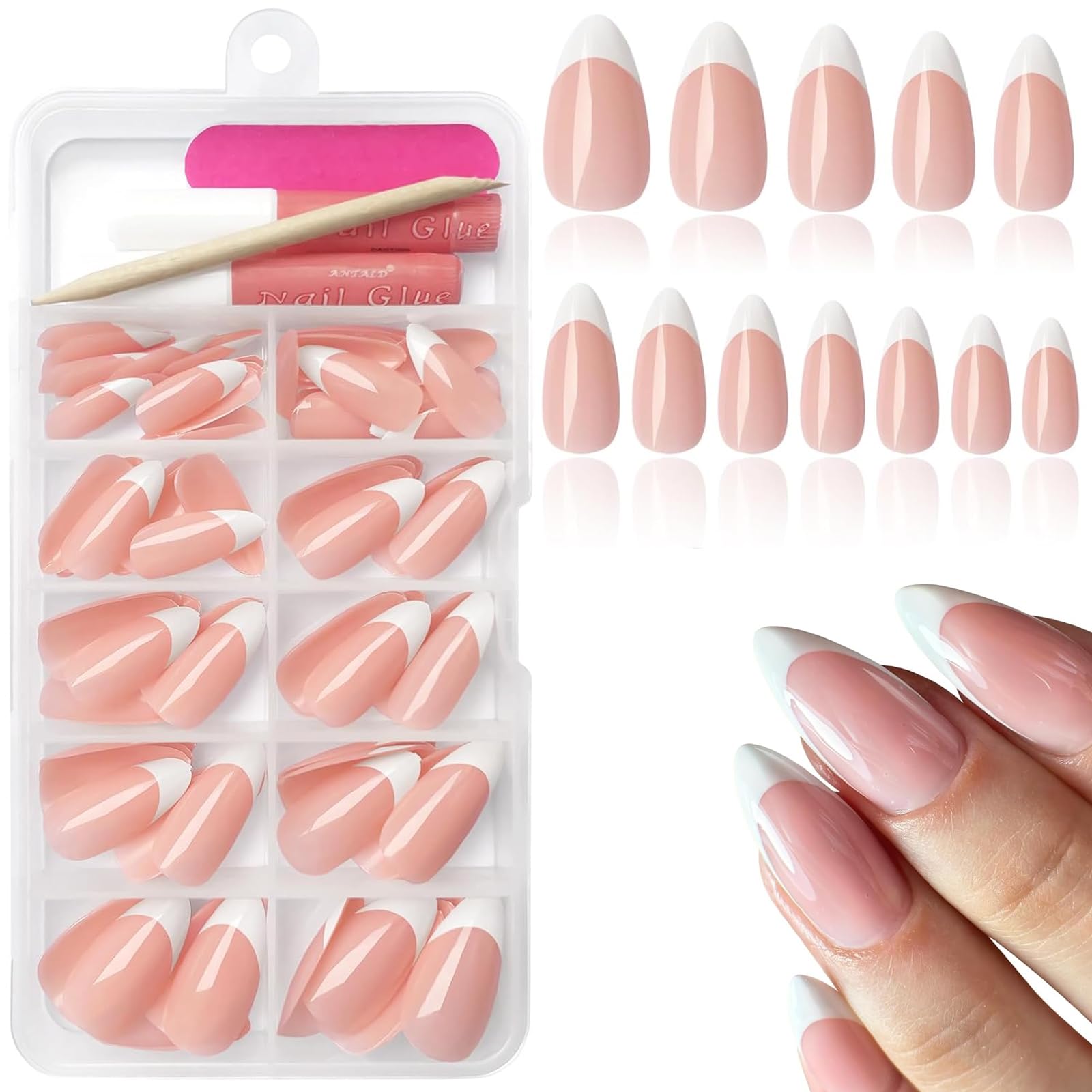 Bellelfin 120Pcs White French Tip Press on Nails Almond Shape Fake Nails, Full Cover Glossy Nude False Nails Acrylic Glue on Nail with 5 Sheets