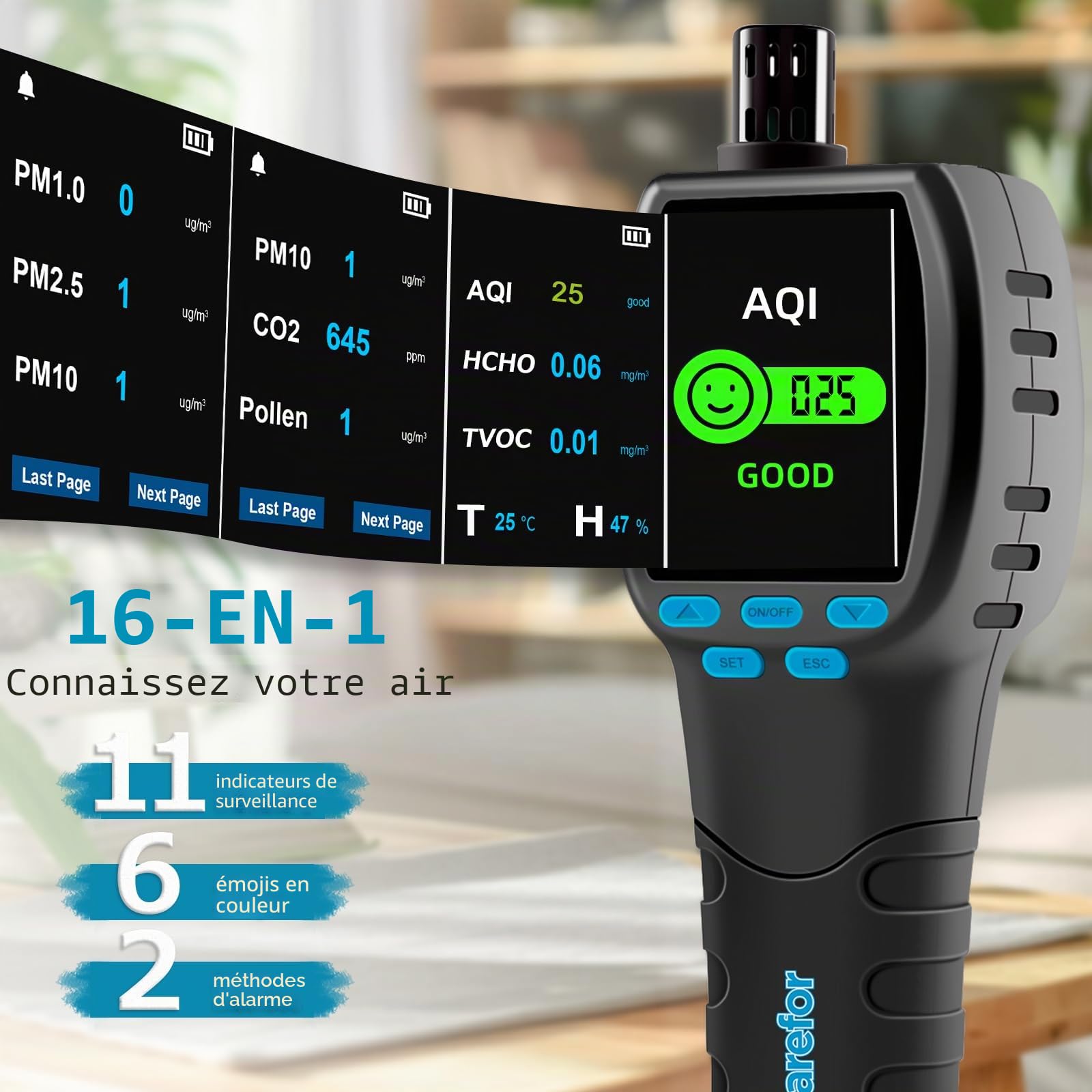 CF‑60 PP Moniteur de qualité de l'air portatif avec Graphiques de données sur l'appareil et rapports exportables, détecteur Portable 16 en 1 pour AQI, CO2, TVOC, HCHO, PM2.5/10/1.0, Pollen