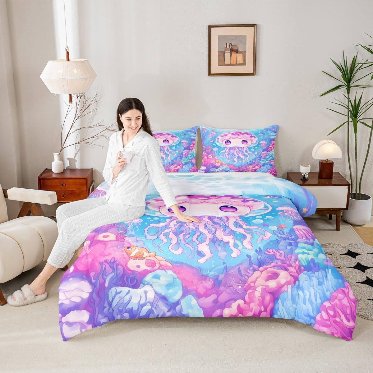 Feelyou Kids Cute Jellyfish Comforter Set Twin Size Ocean Fish Bedding Set for Boys Girls Teens Bedroom Decor Cartoon Animal Sea Creature Underwater Marine Life Duvet Quilt Breathable Soft 2Pcs