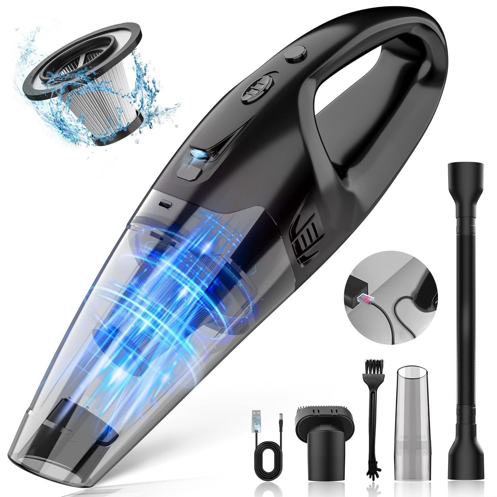 Lightweight Cordless Car Vacuum with LED Light & Washable Filter - USB Rechargeable Dust Buster