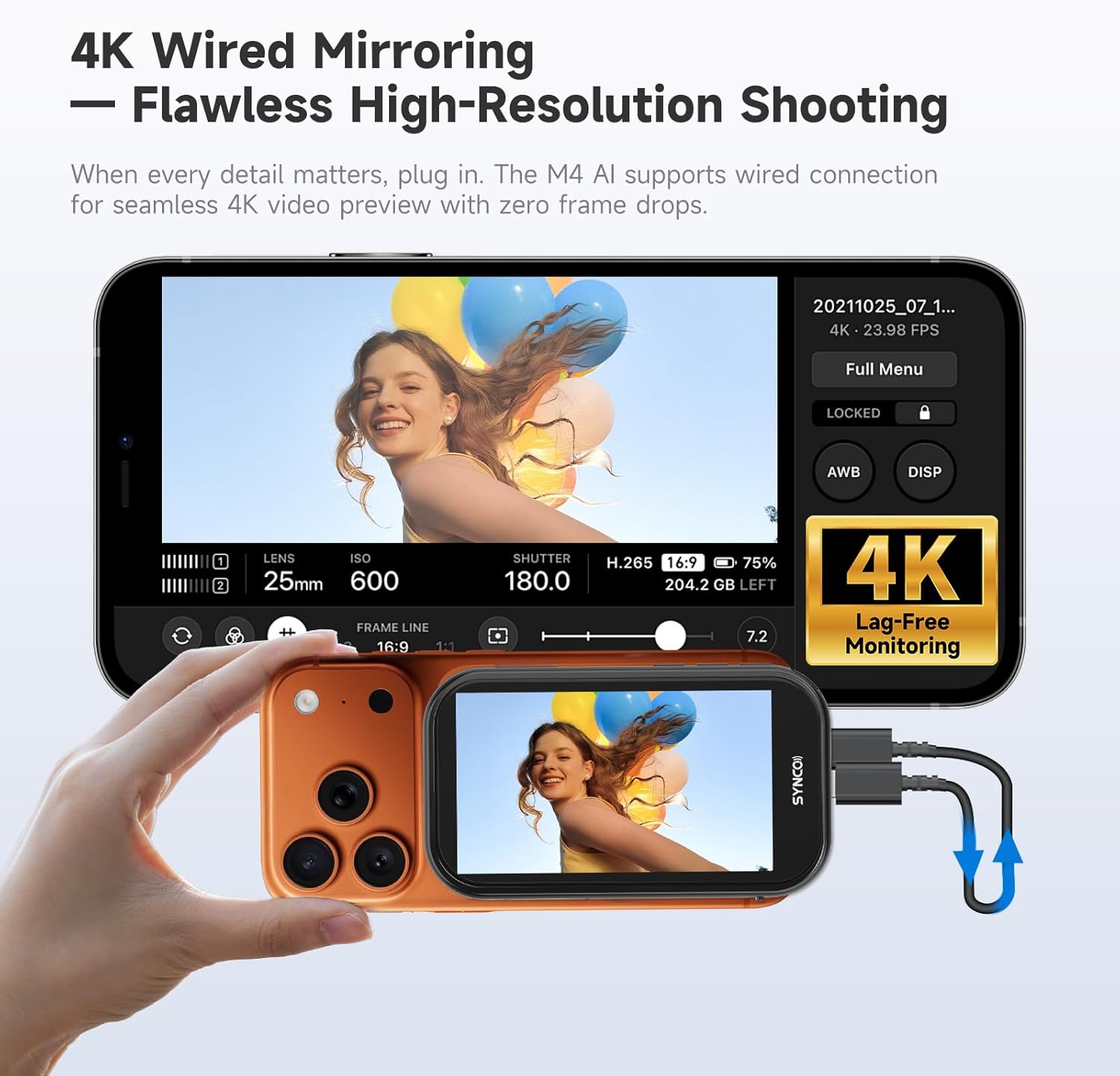 SYNCO XView M4 AI Wireless Magnetic Phone Vlog Selfie Monitor,4" 400cd/m² HD Rear Camera Monitor Compatible with iPhone & Android Phone for Live Streaming TikTok