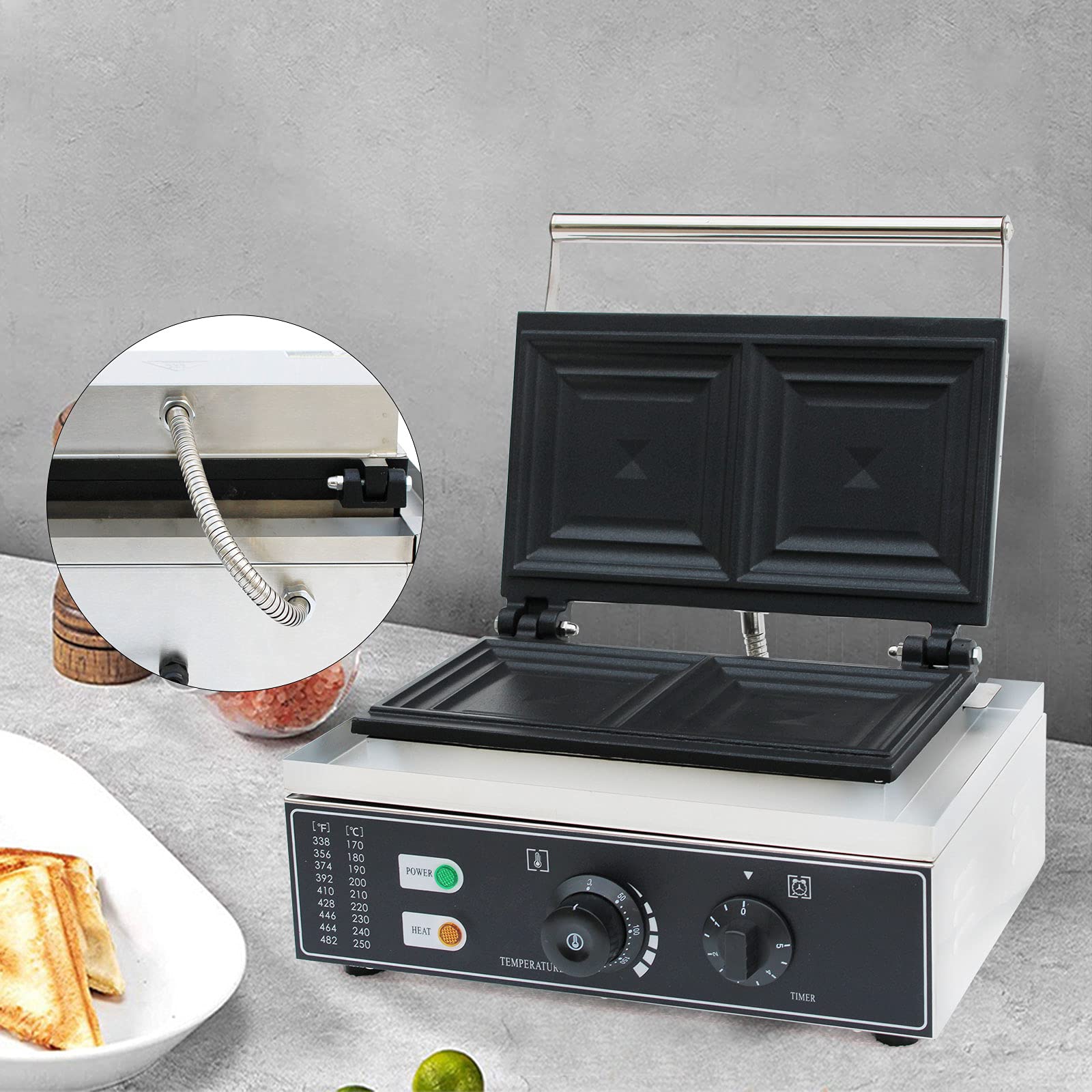 Sandwichmaker Sandwichtoaster Antihaftbeschichtete Platten Kontaktgrill Panini Maker mit Cool Touch-Griff 50-300℃ Einstellbar Temperatur und Timer