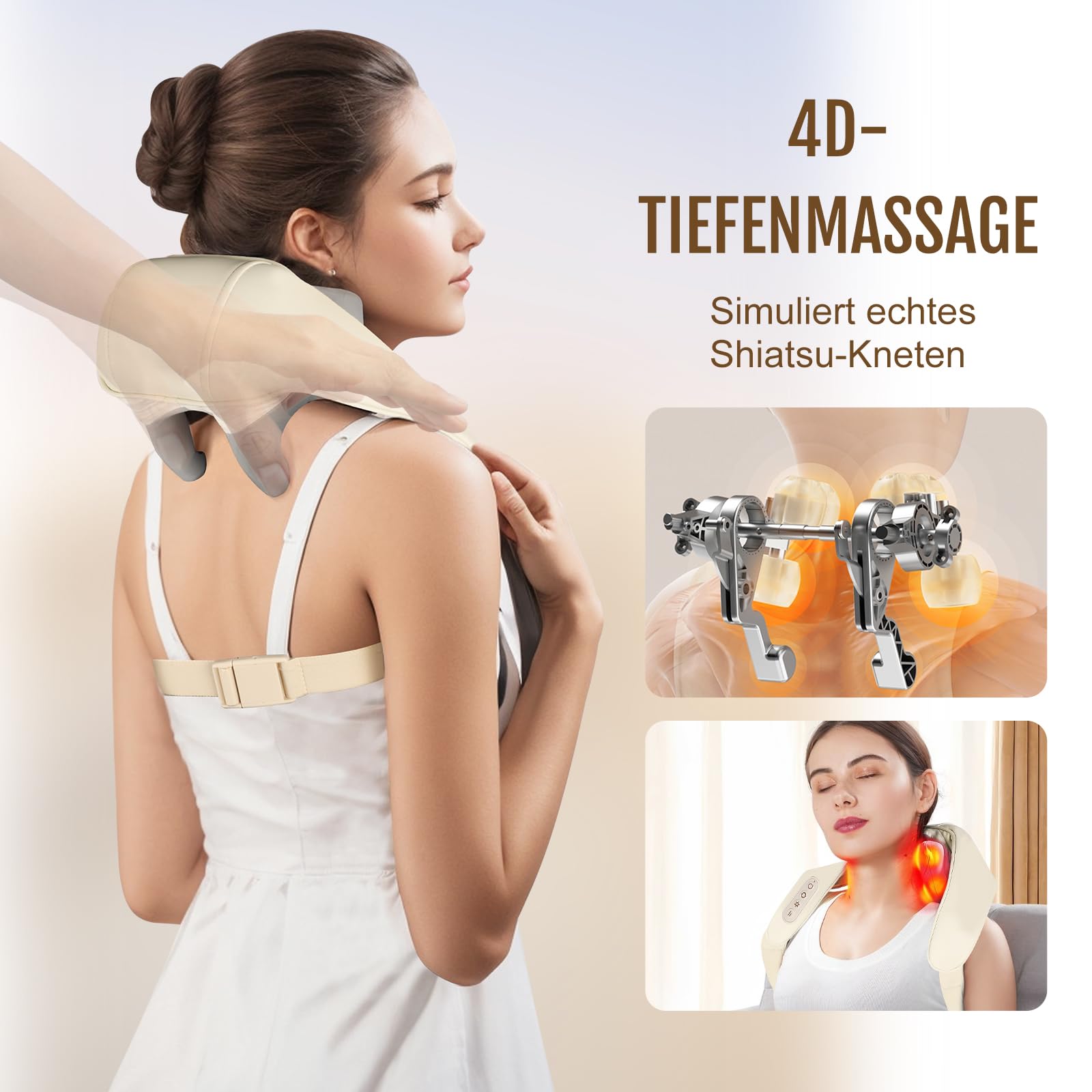 Elektrisches Nackenmassagegerät mit Wärme - Shiatsu Massagegerät für Nacken, Schulter und Rücken - Kabellos, 2 Modi, Deep Tissue 4D für Nackenschmerzen