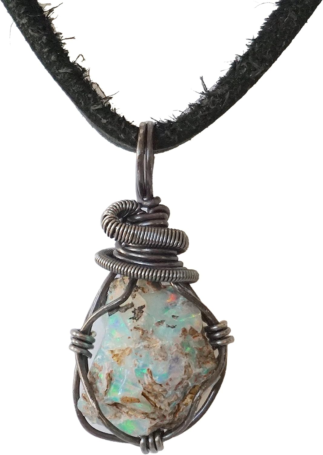Raw Sapphire, Emerald, Ruby & Opal Pendants in Antiqued Sterling Silver with 24 Black Leather Necklace  Birthstone Jewelry for Men