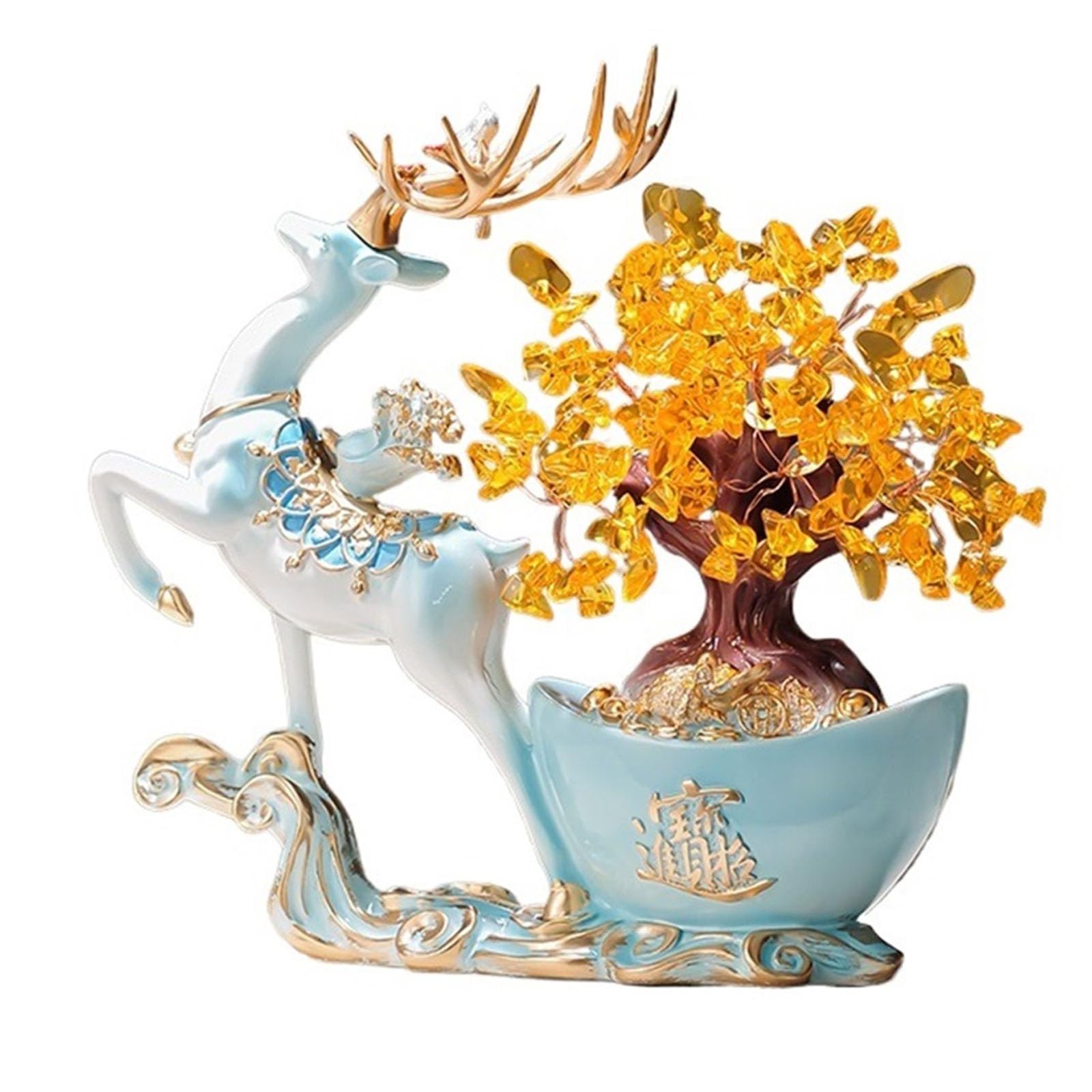 Money Tree Golden Citrine Crystal Money Tree with Deer Figurines - Lucky Home Décor Gift for Wealth and Positive Energy, Feng Shui of Life Sculpture, Desk Decor Crystal Tree(Blue)