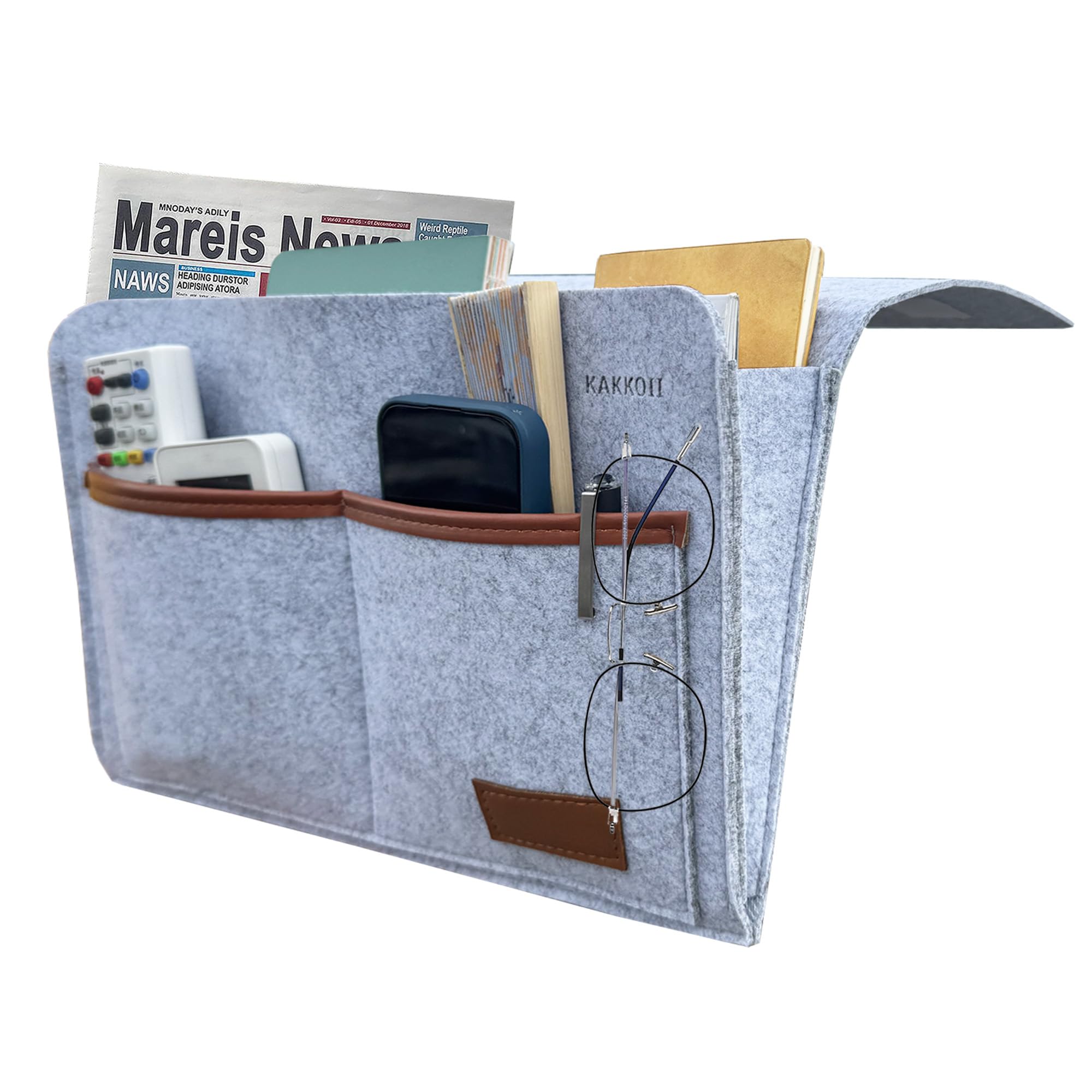 Bedside Caddy, Sofa Caddy, Storage Organizer Pocket for Dorm, Bedroom, 5 Pockets Felt Organizer for Magazine, Remote, Phone, Tablet, Pad, Glasses, Pen, Remote Control (Light Grey-Short)