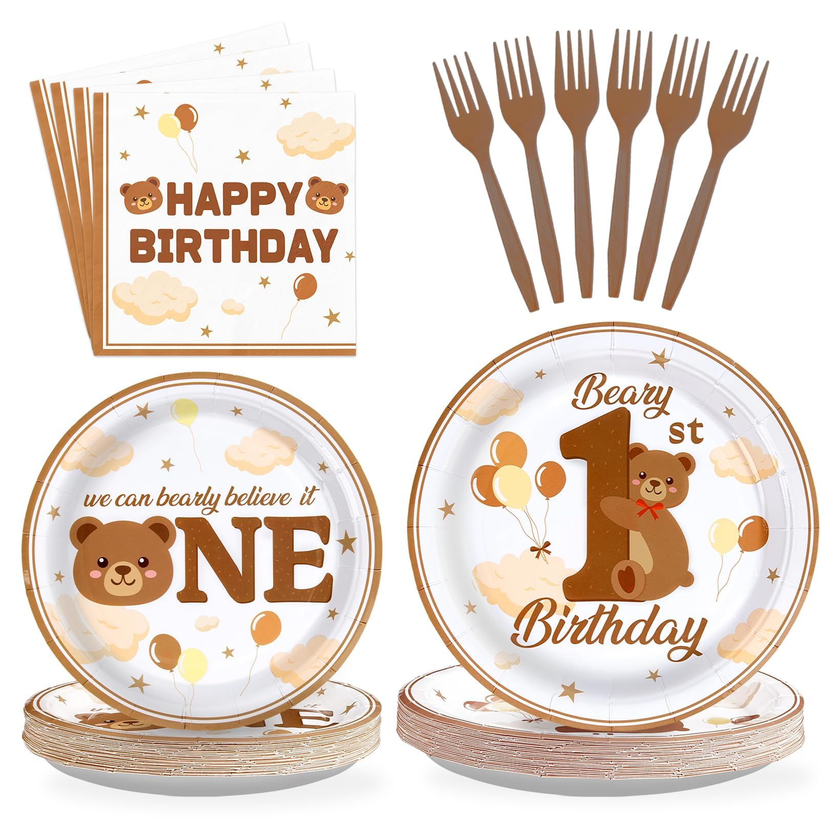 Grencian 96Pcs Brown Beary First Birthday Party Decoration, Serve 24