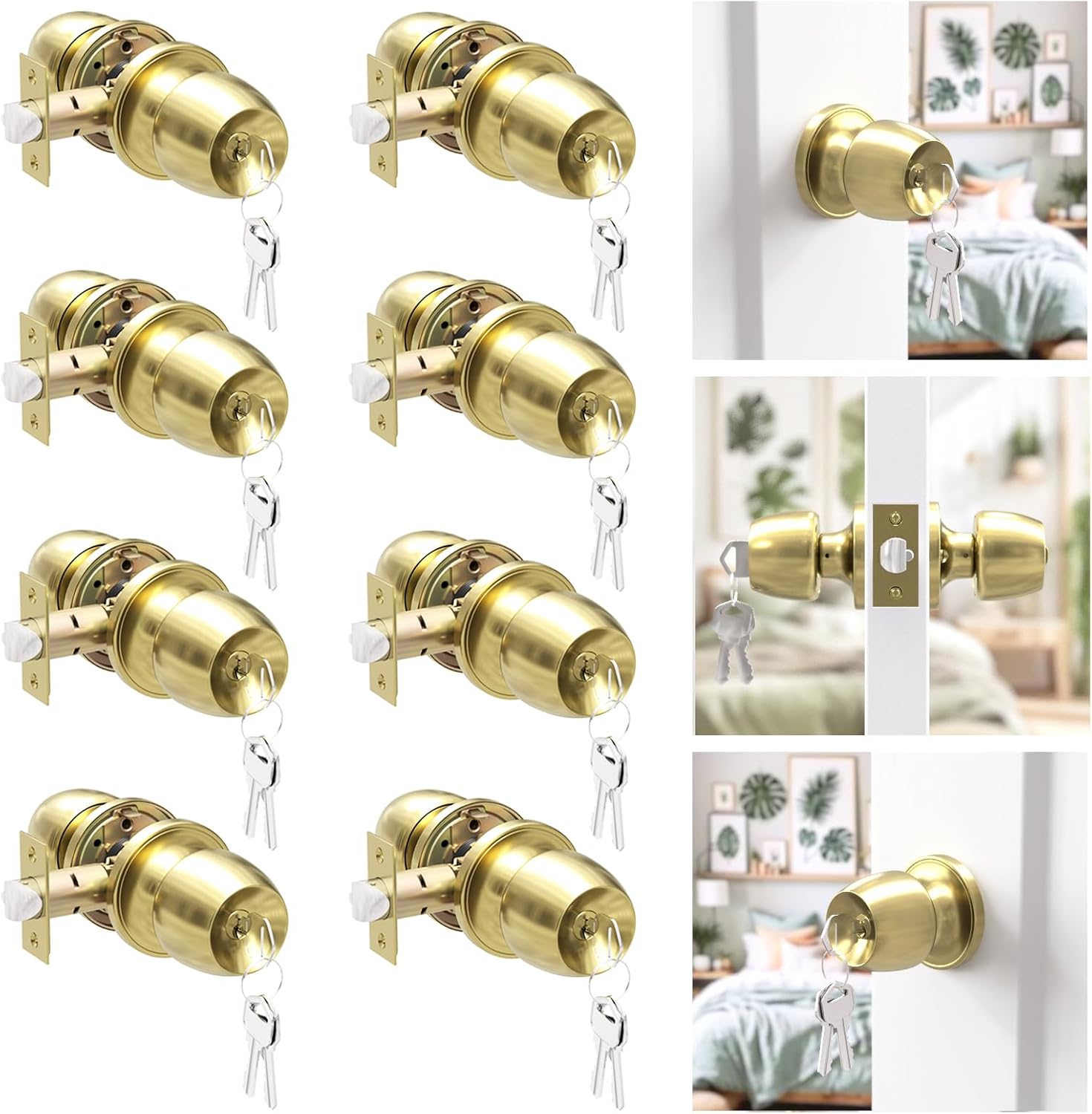 Door Knob with Lock and Key, Keyed Entry Door Knob with Lock, Round Ball Locking Door Knob, Interior and Exterior Door Lock Set for Bedrooms, Bathrooms and Home Use, Polished Brass, 8 Pack 8 Pack Polished Brass