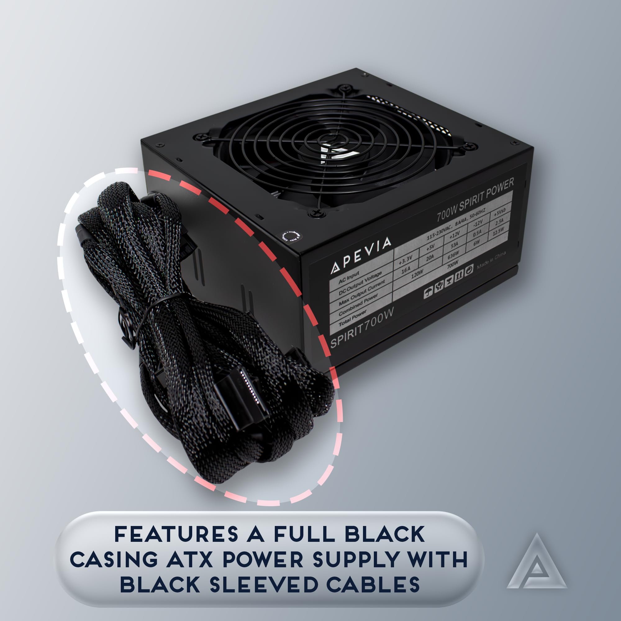 APEVIA ATX-SP700 Spirit ATX Fuente de alimentación con ventilador de 120 mm controlado por calor automático, interruptor de 115/230 V, todas las protecciones