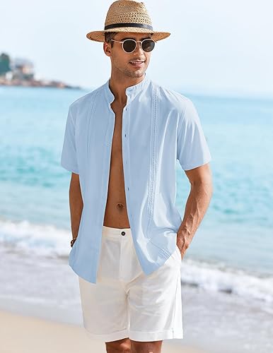 Miniatura 4 de COOFANDY Camisa de guayabera cubana de manga corta para hombre, casual, cuello de banda, camisas con botones