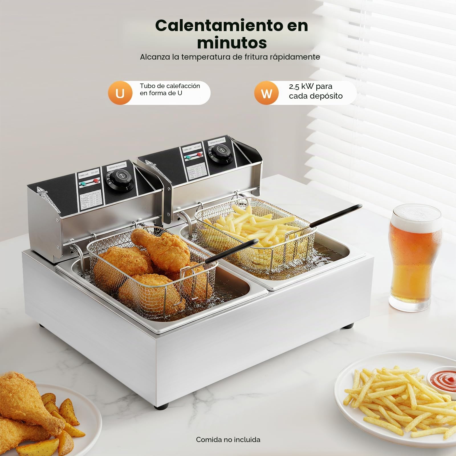 Freidora eléctrica comercial 2 tanques de 12 L 2,5 KW Freidora de aceite de acero inoxidable con 2 Cestas de freír y Tiempo Ajustable 60 – 200 °C para arandelas de cebolla pollo frito Snack-Bars (AC