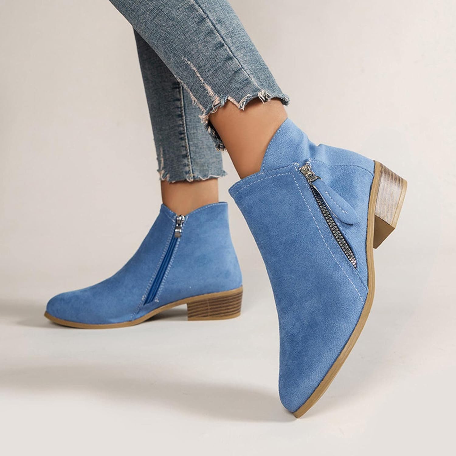 Womens Boots Winter Ankle Booties Vintage Slip on Round Toe Side Zipper Chunky Block Mid Heel Boots Solid Casual Comfy Outdoor Ladies Shoes