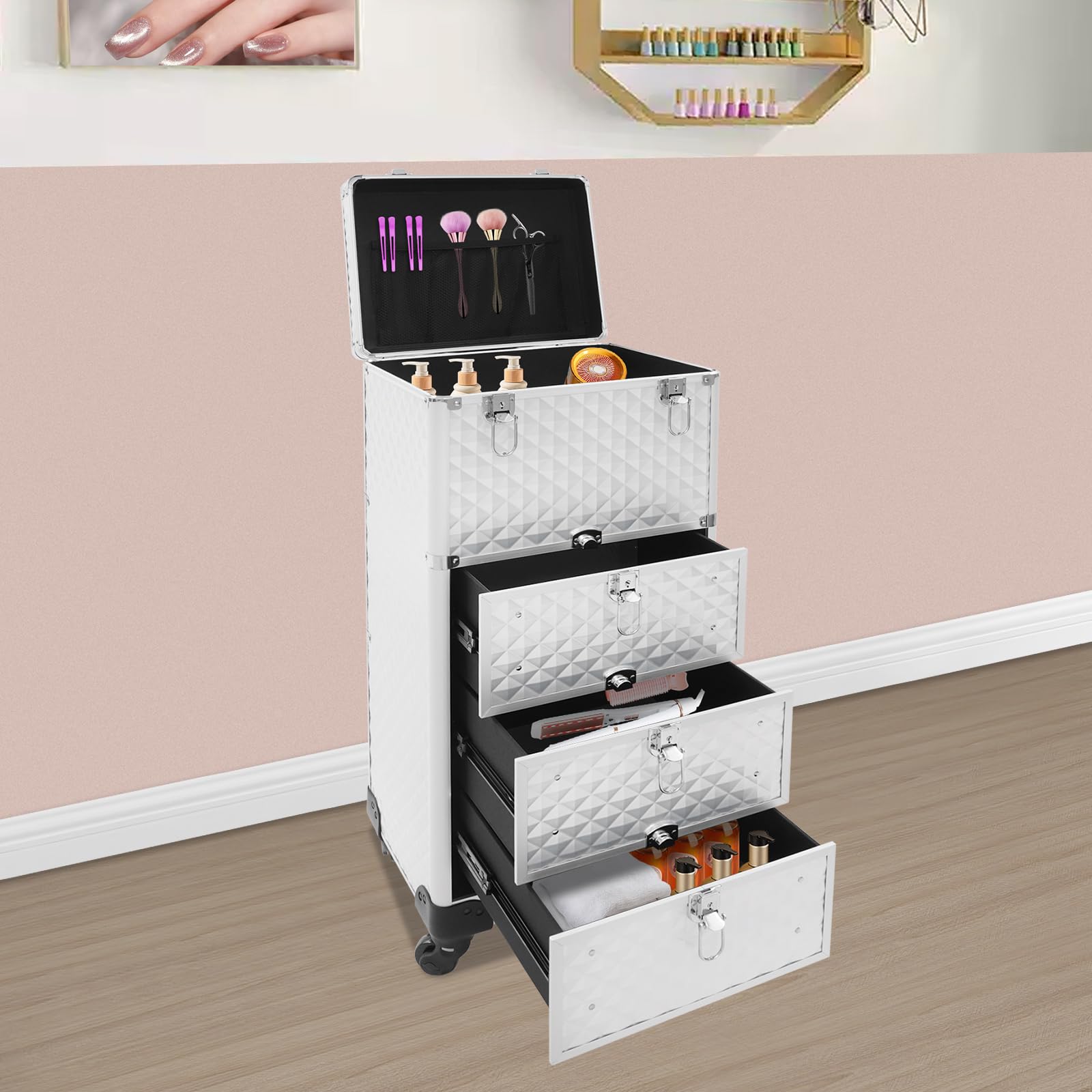 Valigia per trucco, valigia per trucco, per donna, con 3 cassetti e serratura di sicurezza, in lega di alluminio, 4 ruote, ideale per truccatori, trucco da sposa e professionisti, argento, 34*27*107cm