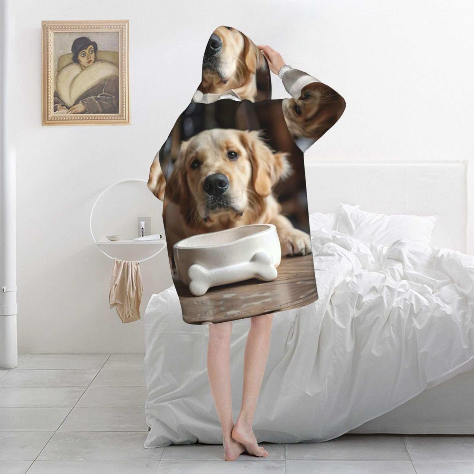 Uroczy pies miska kość woof paw nadruk koc bluza z kapturem, koc do noszenia z kapturem, sweter z dużą przednią kieszenią