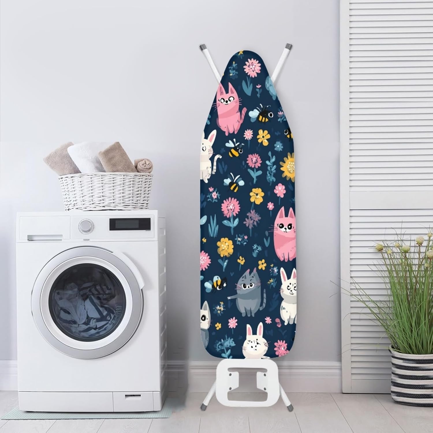 Ironing Board Cover 14x48 Cat Flower Bee Blue Iron Board Cover with Padding Heat Reflective,Scorch Resistant Thick Padding,Snug Fit Non-Slip Nose Pocket Fastener Straps Elastic Edges