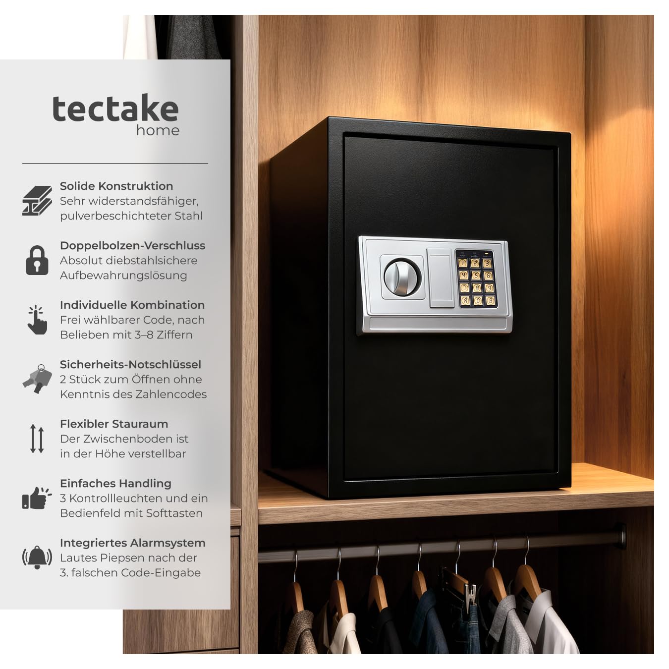 tectake® elektronischer Safe, Tresor für Zuhause, mit Sicherheitscode, mit Schloss und Notfall Schlüssel, Metallschrank 50x35x34.5cm, als Schlüsselsafe, Möbeltresor, für Geld, Geheimversteck