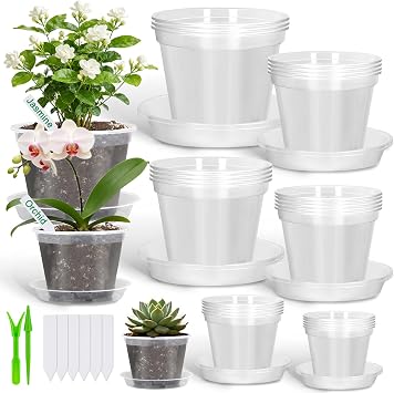 Modacraft 26 Pack Clear Plastic Nursery Pot for Plants with Saucers | Variety Pack3.1/3.5/3.9/5.1/5.9/7.1 inch, Design with Drainage Holes, Uses for Indoor or Outdoor, 2 Garden Tools, 30 Labels