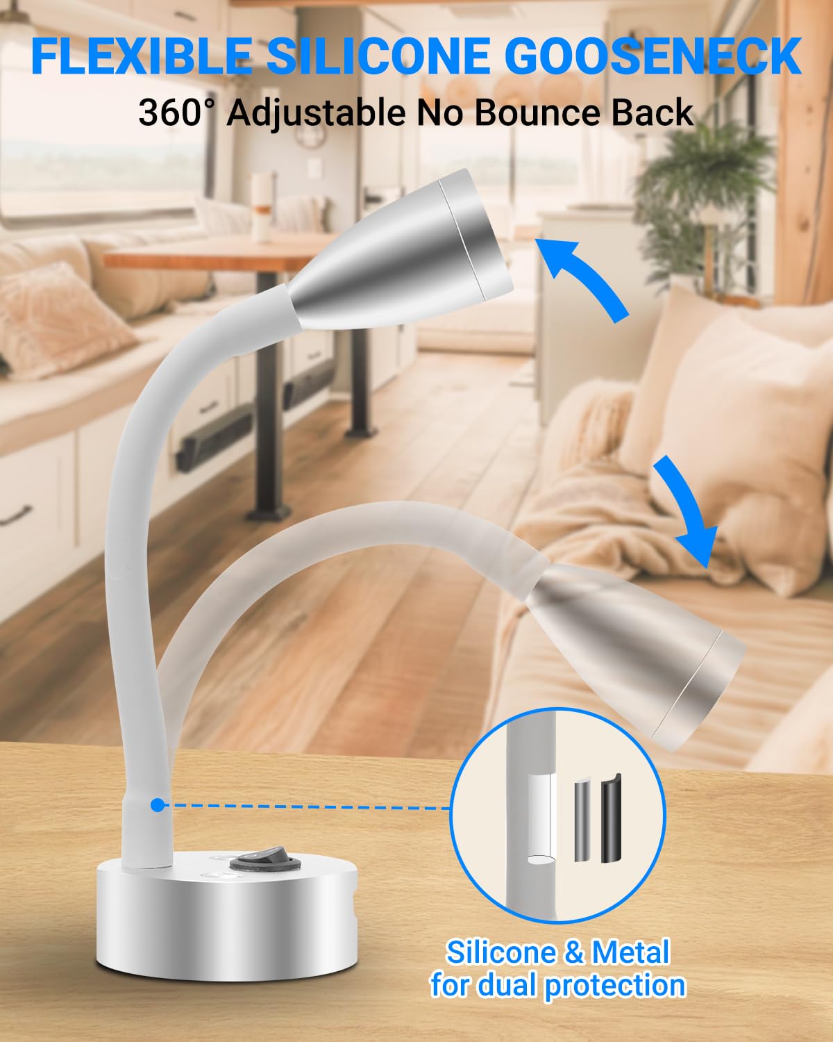 SUPAREE Luce da lettura a LED 12 V 3000 K con porta USB e collo d'oca flessibile 2 pezzi