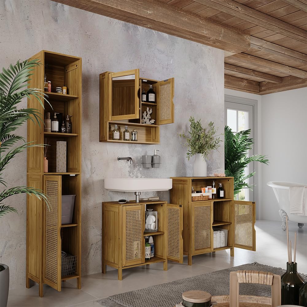 Vicco Waschbeckenunterschrank Liora, Bambus, 48 x 60 cm, zur Aufbewahrung von Badutensilien und Handtüchern