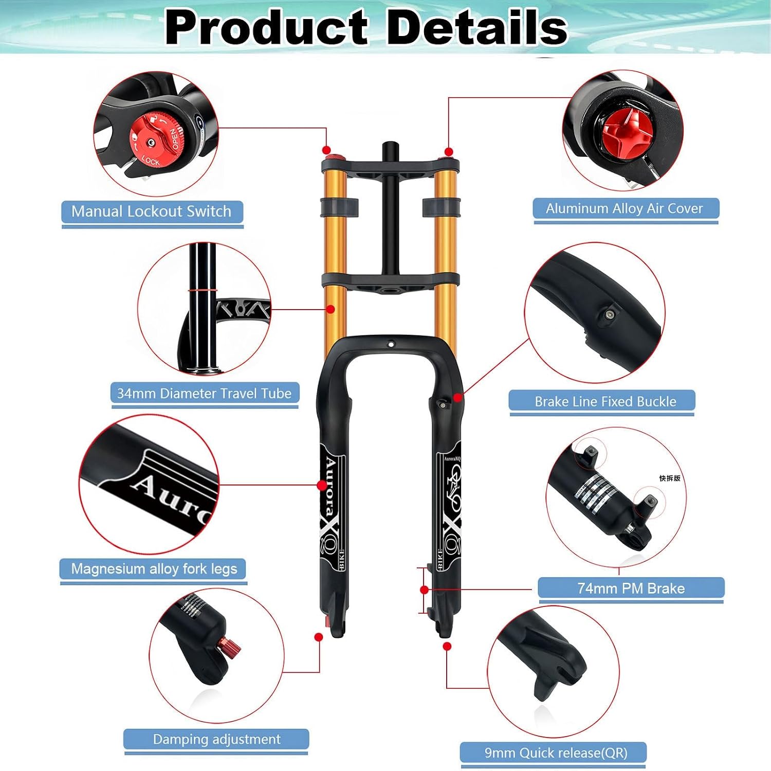 AuroraXQ 20 inch 4.0 Fat Tire E-Bike Air Suspension Fork, 190mm Travel Spacing Hub 135mm Snow Beach Mountain Bike Double Shoulder Electric Bicycle Front Forks