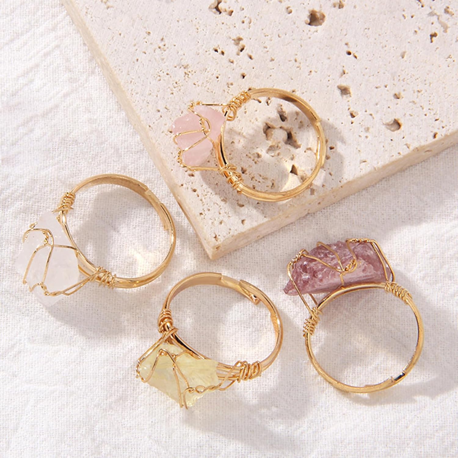 4 PCS Chakra Crystal Rings, Adjustable Wire Wound Healing Crystal Rings, Irregular Color Gemstone Statement Rings for Women - Image 4