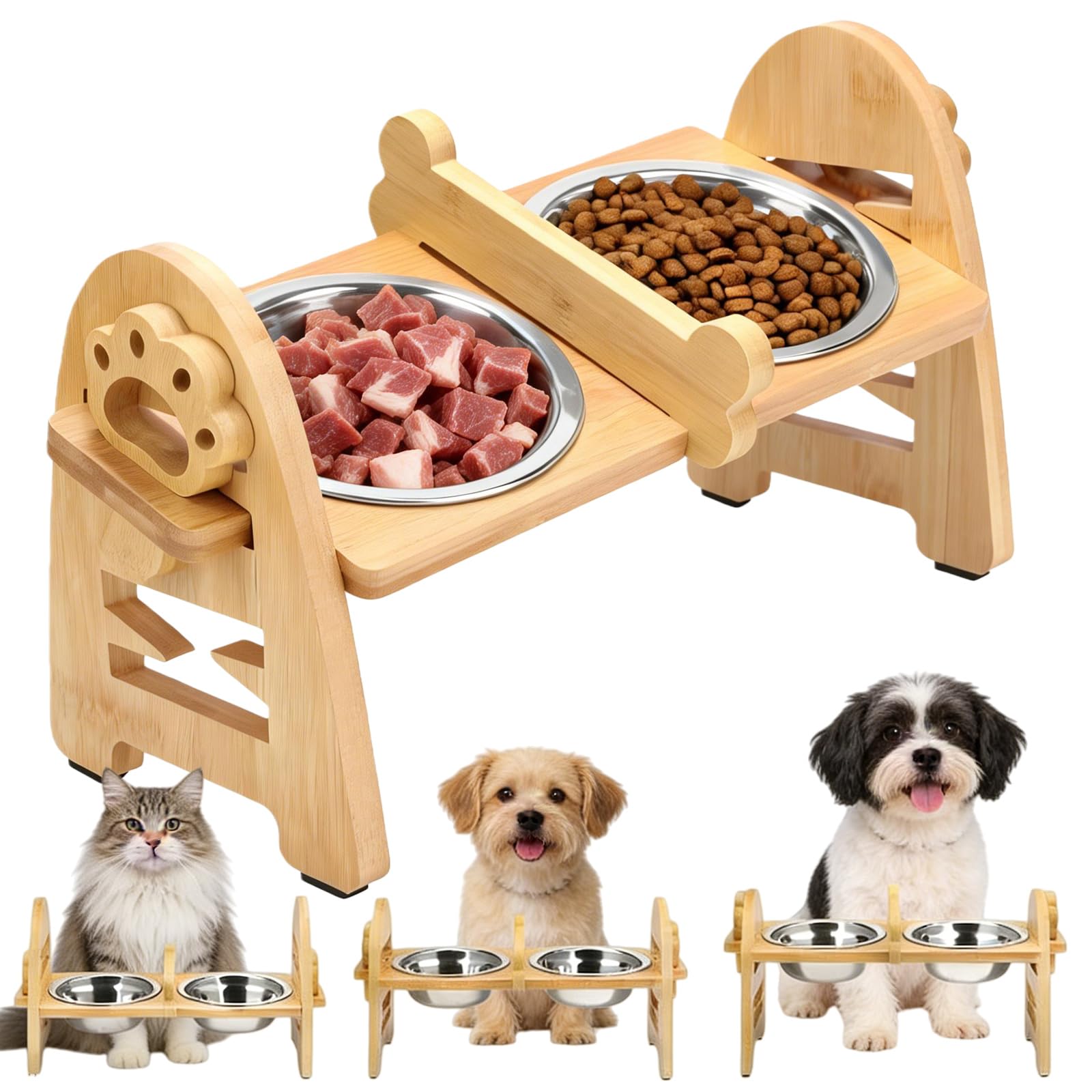 Comedero para perros elevado con soporte, comedero para perros, comedero ajustable para perros, comedero para perros con 2 cuencos de acero inoxidable y pies antideslizantes para perros pequeños y