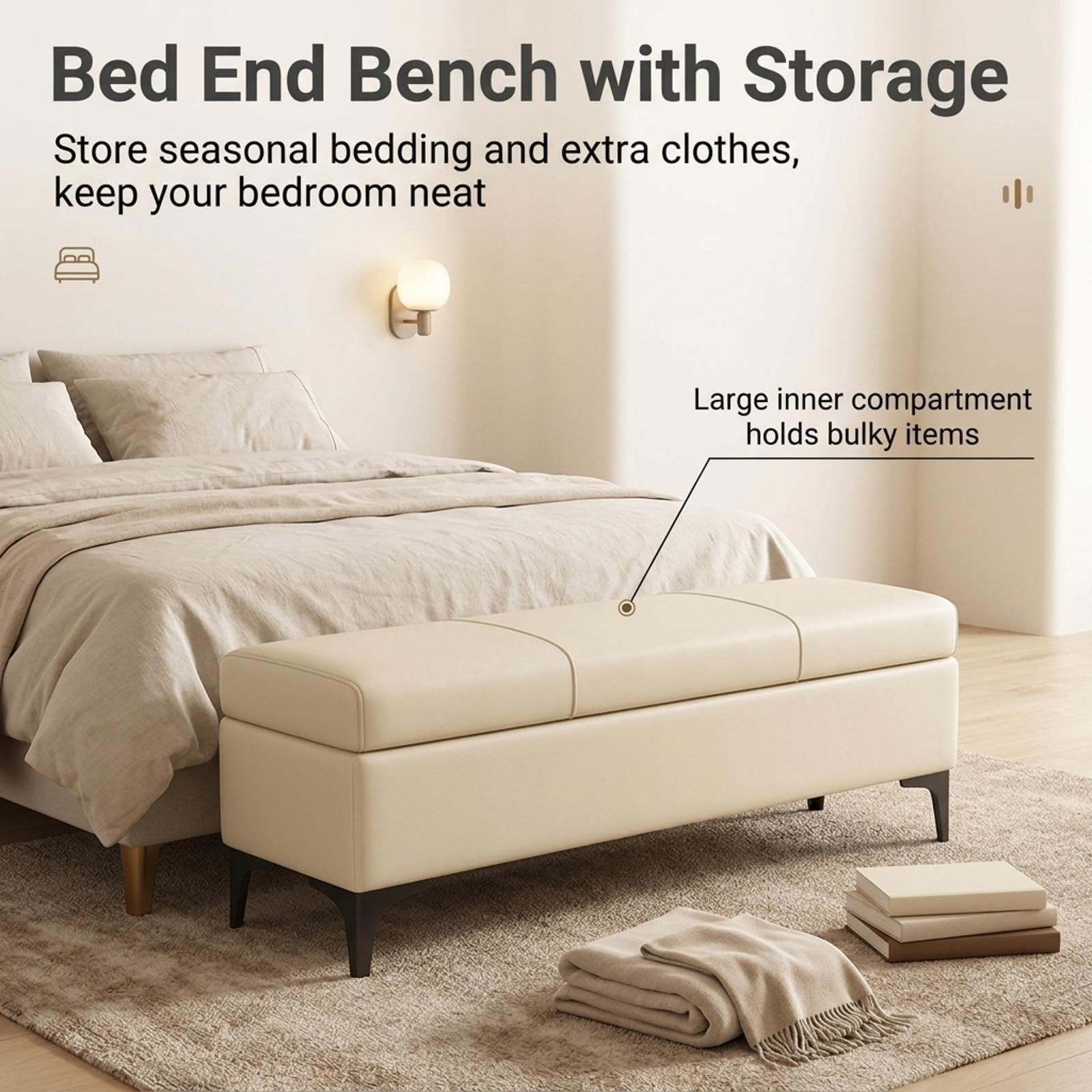 Banc Coffre en Similicuir, Banc de Rangement Rembourré Extra Long pour Pied de Lit, Chambre, Entrée et Salon(White,110x30x43cm)