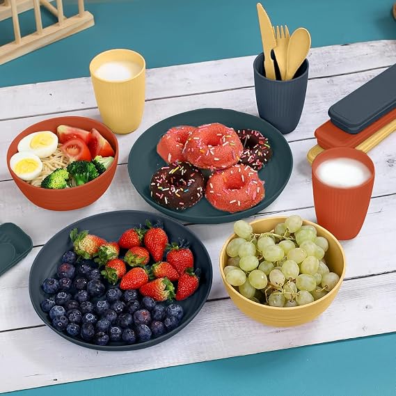 Unbreakable Dinner Set for 4, Camping Plates & Bowls, Cups & Cutlery, Lightweight Microwave & Dishwasher Safe, Outdoor Picnic, RV Essentials (Colourful)