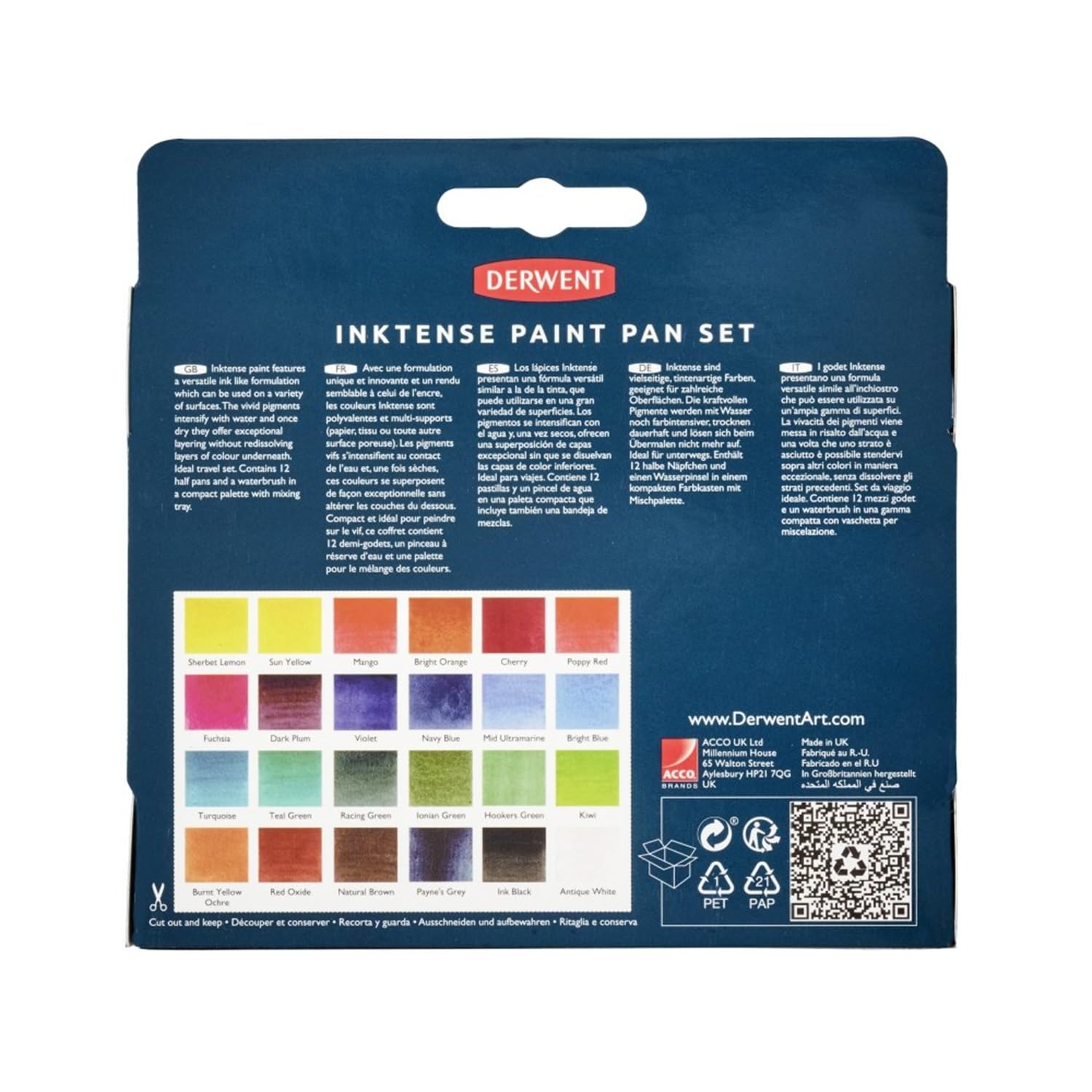 Derwent Inktense Aquarellfarben Palette, Set mit 24 Farben, halbe Farbnäpfchen-Größe, wasserlösliche Farbe, Ideal zum Malen & Basteln auf Papier & Stoff, professionelle Qualität, 2306318