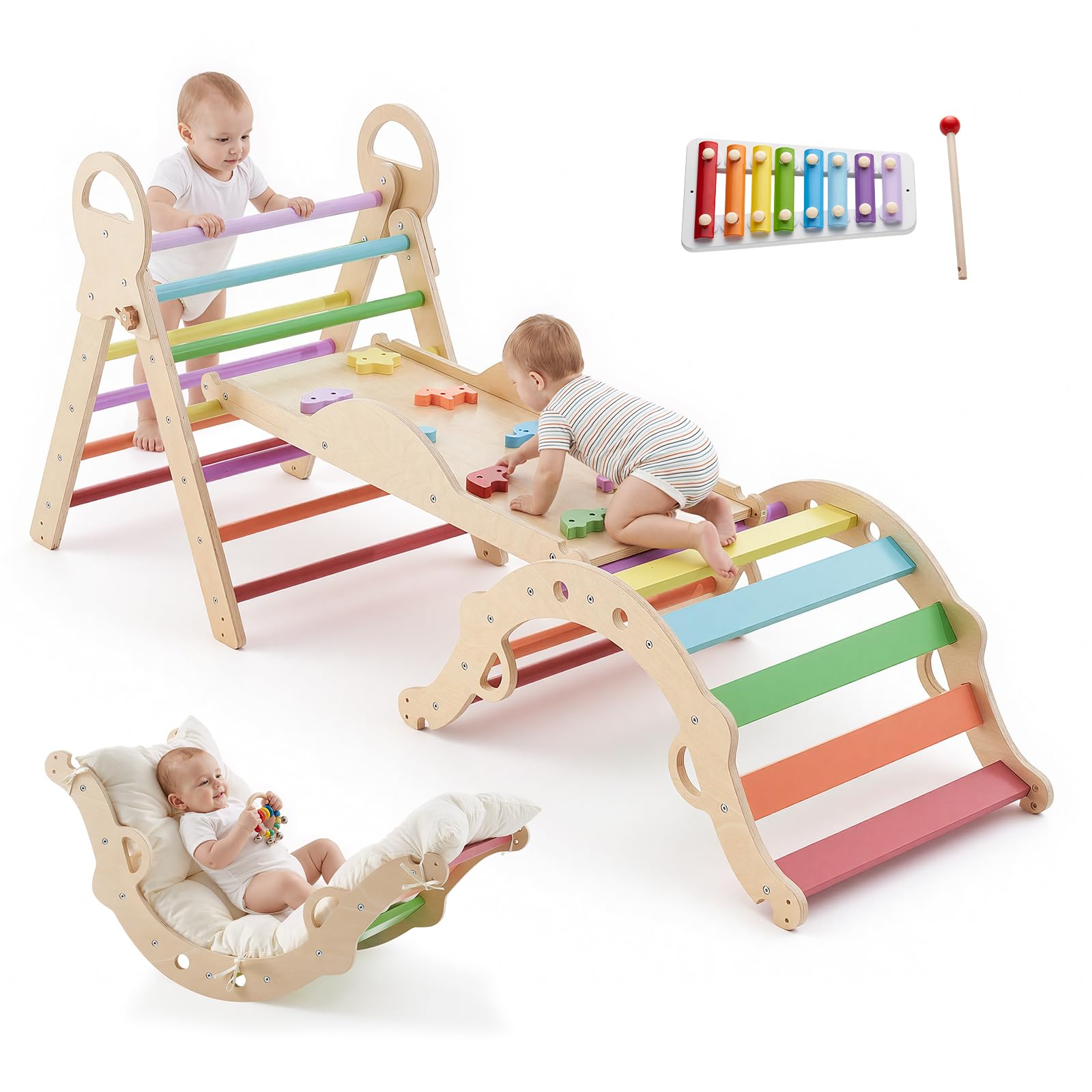 VEVOR Set Triangolo Pikler Struttura Arrampicata 9 in 1 per Bambini Piccoli, Portata 68 kg uso Interno, con Xilofono Cuscino Triangolo Arco e Rampa, Set Montessori Pieghevole per Crescita Equilibrio