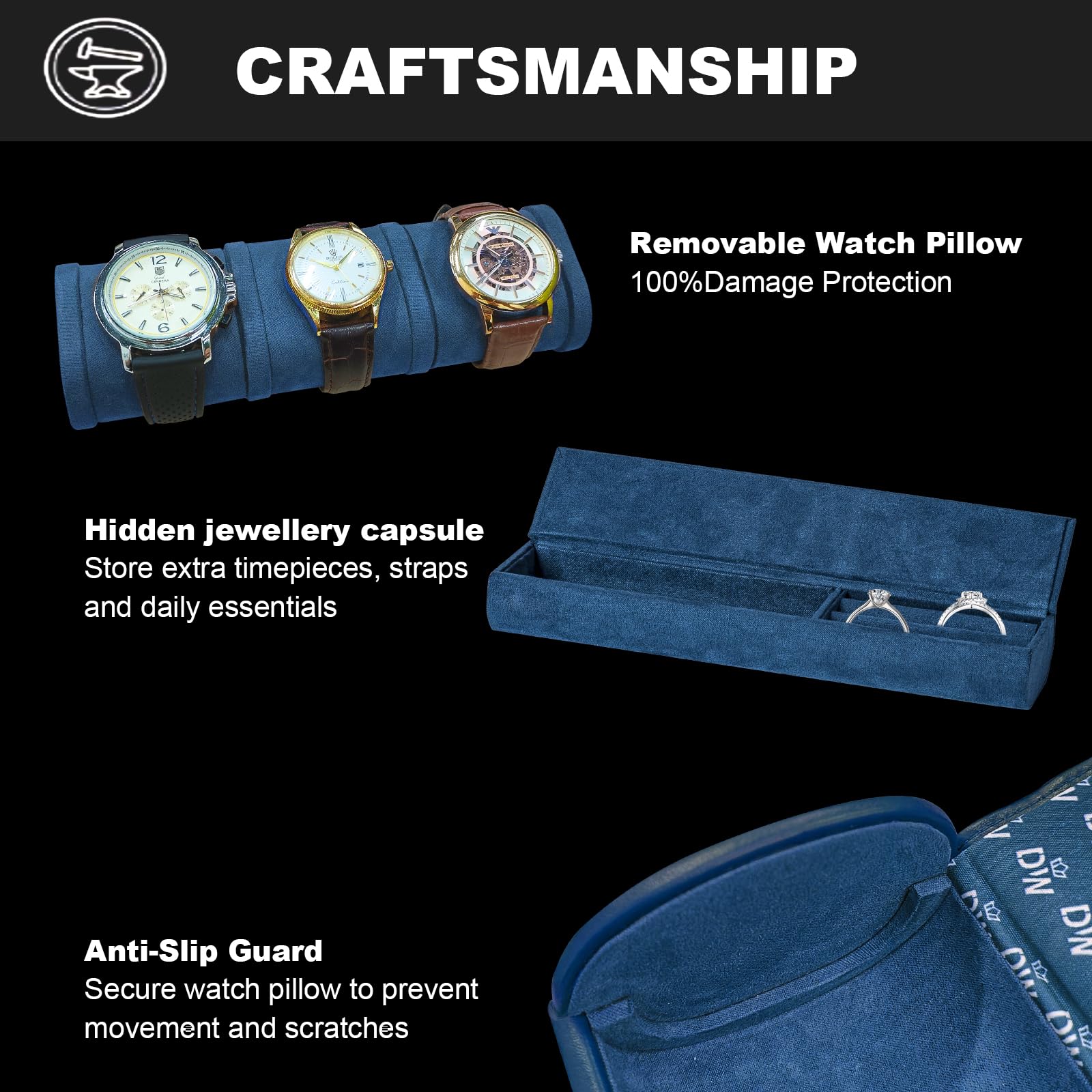 XTELARY Rullo per orologi 3 orologi, custodia da viaggio con cuscino rimovibile per uomo e donna, vetrina in pelle per collezioni di orologi e regalo per anniversario o compleanno (blu portaorologi)