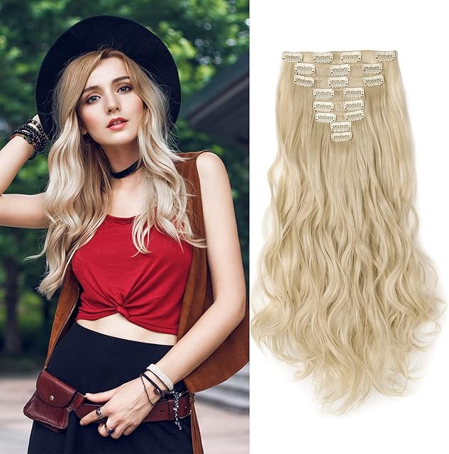 17" 8Pcs Clip in Hair Extensions Bleach Blond Synthetic Hairpiece Extension Curly Wavy Hair Pieces For Full Head